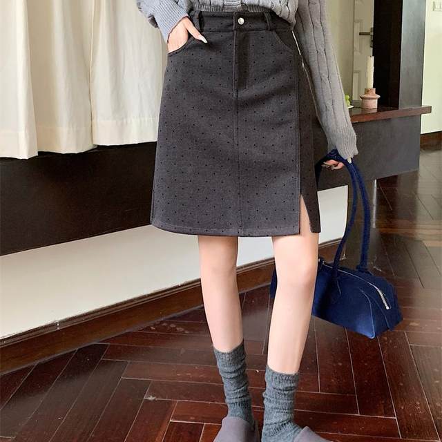 Large size gray polka dot wool skirt for women in autumn and winter high waist slit A-line short skirt for slimming mid-length hip-covering skirt