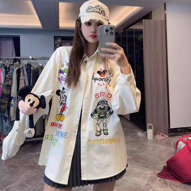 Fat mm300Jin [Jin equals 0.5 kg] Large size Mickey cartoon embroidered cute retro shirt jacket for women's spring and autumn new loose top 2