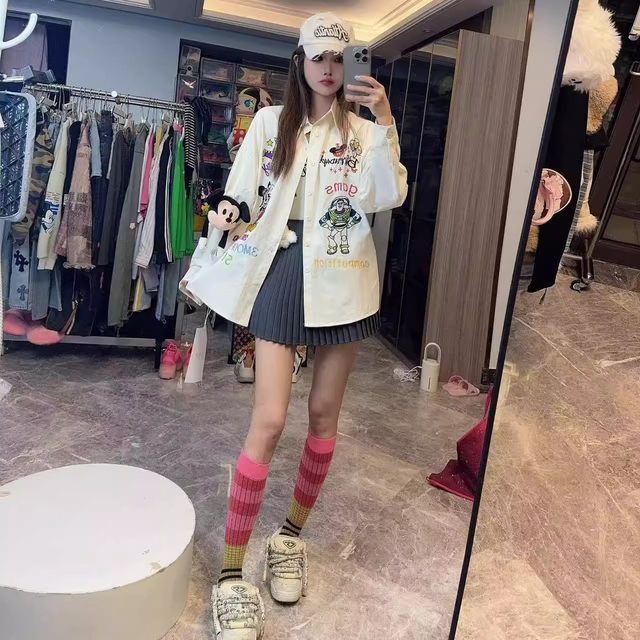 Fat mm300Jin [Jin equals 0.5 kg] Large size Mickey cartoon embroidered cute retro shirt jacket for women's spring and autumn new loose top 2