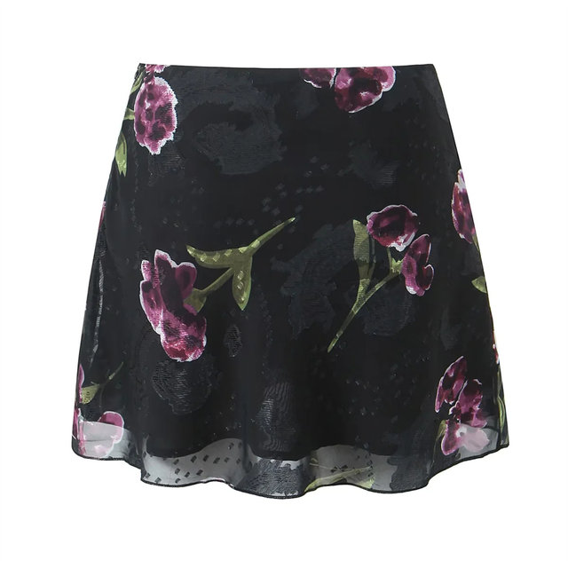 American retro flower printed mesh skirt for women short sexy high waist cover hips and slim A-line skirt short skirt