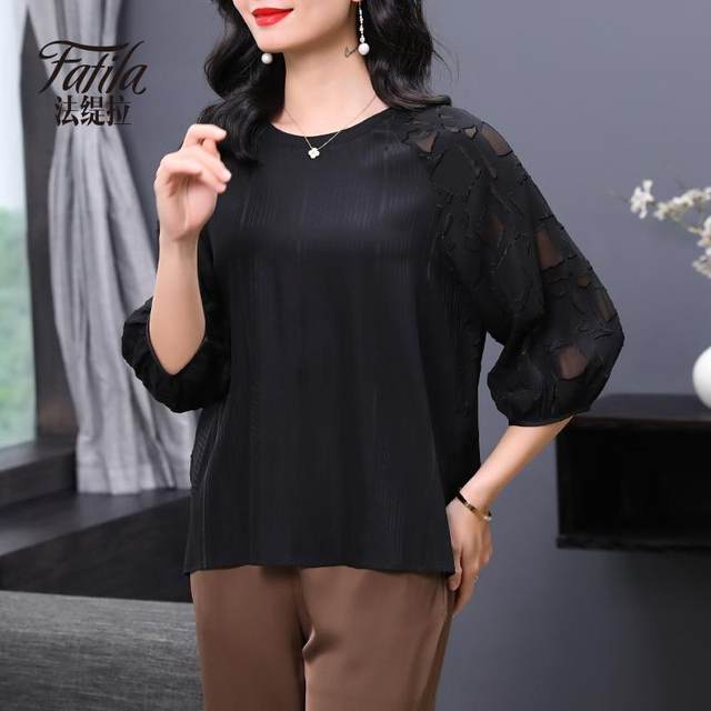 Black French mulberry silk top for women with three-quarter sleeves new fashionable casual chic age-reducing loose large-size top for women
