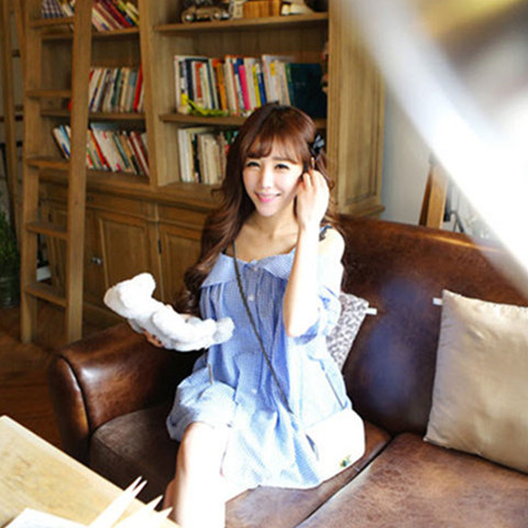 Sweet plaid short-sleeved shirt for female students loose large size one-length off-shoulder suspender top Korean style slim shirt