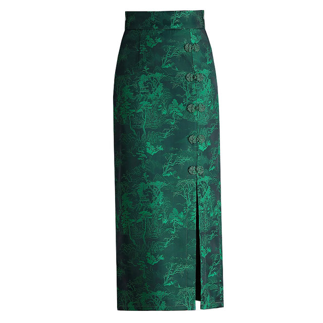 2025 new modified cheongsam skirt for women in spring and autumn mid-length summer retro Chinese style slit one-step hip-wrap skirt