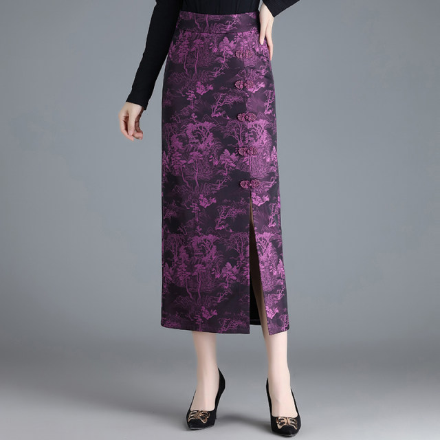 2025 new modified cheongsam skirt for women in spring and autumn mid-length summer retro Chinese style slit one-step hip-wrap skirt