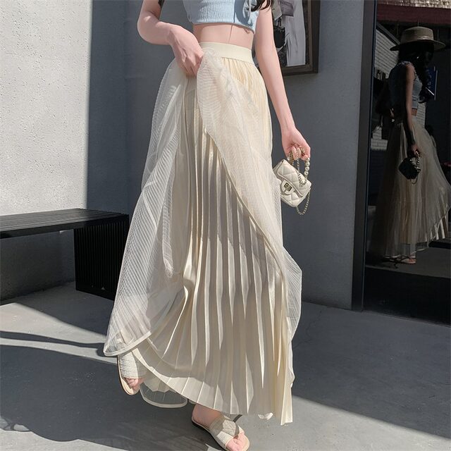 Mesh long skirt tall skirt for women in spring and summer 2025 super hot droop elastic waist A-line pleated skirt long style