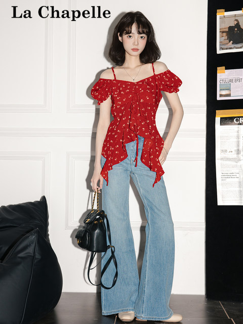 La Chapelle floral irregular shirt tied puff sleeve shirt women 2025 summer shirt short-sleeved top trendy