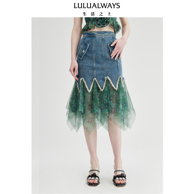 LULUALWAYS25 summer new style stylish commuter mesh splicing irregular skirt
