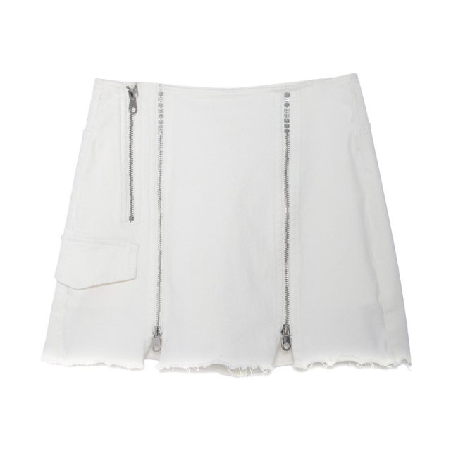 Tuogu Trendy Brand Fur-edged Zipper Denim Short Skirt for Women A-line 2025 Summer New White High-Waist Slit Skirt
