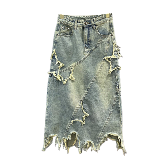 Retro old denim skirt for women 2025 spring star embroidery irregular breasted a-line hip midi skirt