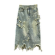Retro old denim skirt for women 2025 spring star embroidery irregular breasted a-line hip midi skirt