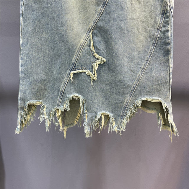 Retro old denim skirt for women 2025 spring star embroidery irregular breasted a-line hip midi skirt