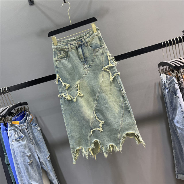 Retro old denim skirt for women 2025 spring star embroidery irregular breasted a-line hip midi skirt