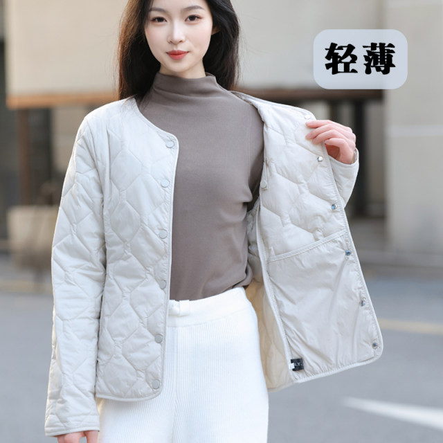 Kayijia Autumn and Winter Thin Down Cotton Clothes for Women Short Round Neck Versatile Base Warm Long Sleeve V Neck Inner Cotton Jacket