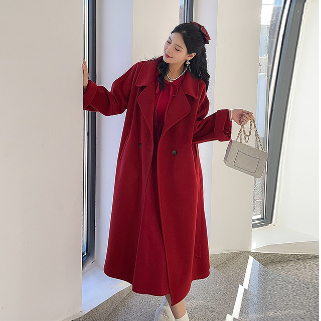 Double-sided wool red coat coat for women autumn and winter high-end wool coat coat cape wedding bride large size mm