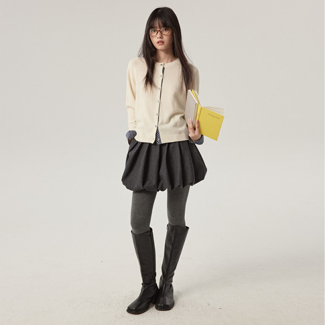 Omont Egg Tart Home 50% Hairy High-waisted Woolen Flower Bun Skirt Winter Woolen Mid-length Skirt