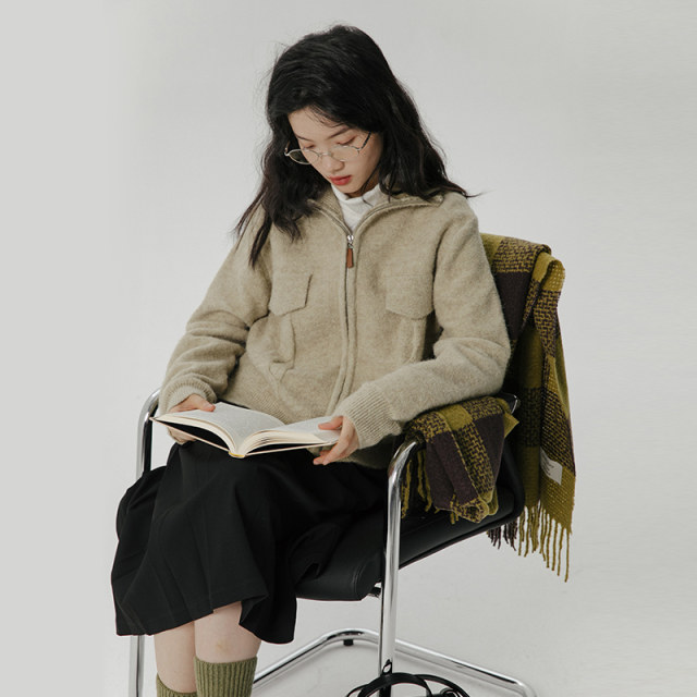 omont egg tart home lapel short sweater women's autumn and winter 2023 new zipper lazy style wool cardigan jacket