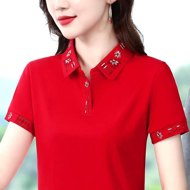 
2024 summer pure cotton short-sleeved T-shirt for women with slim fit and slim temperament lapel polo shirt large size embroidered top thin
