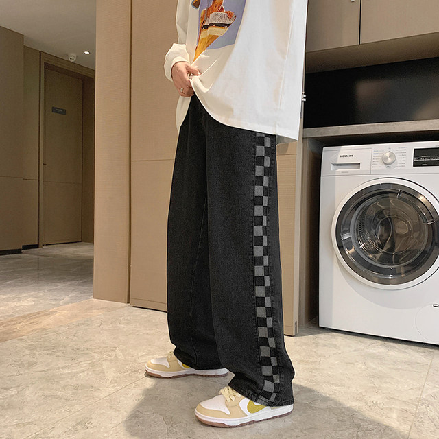 High-end side-stitched straight-leg American high-street jeans for men with trendy design trendy brand BF straight-leg plaid wide-leg pants