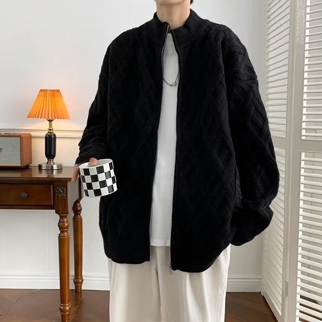 Stand-collar cardigan zipper knitted jacket for men spring and autumn 2024 new high-end diamond plaid sweater jacket
