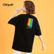 Ohlyah Rainbow Ghost Little Devil Graffiti Trendy Brand T-shirt Women Pure Cotton Loose Five-quarter Sleeve Summer Couple Short Sleeve
