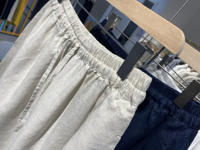 14-pin pure linen elastic waist lace mid-length skirt for women's summer retro a-line skirt with high waist pocket long skirt