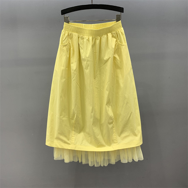 Mesh spliced ​​casual skirt for women 2025 summer new fashionable and versatile loose loose slim A-line long skirt