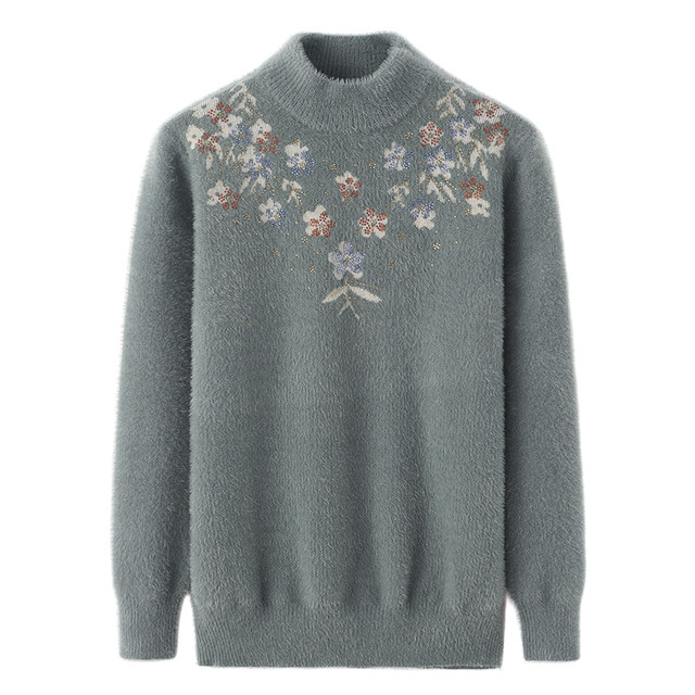 Middle-aged women's half-high neck flowers imitation mink sweater middle-aged and elderly mothers' thickened plush sweater grandma's clothes
