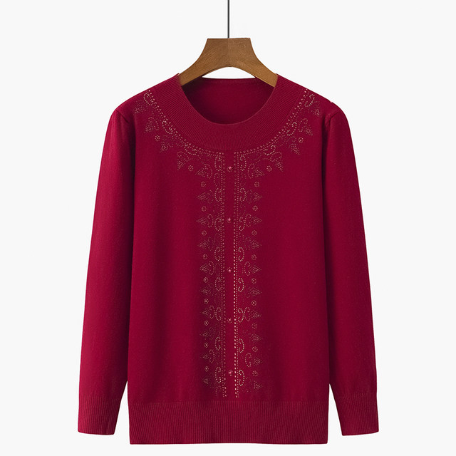 Mom's autumn new solid color large size knitted top middle-aged and elderly women's fashionable round neck diamond-set sweater
