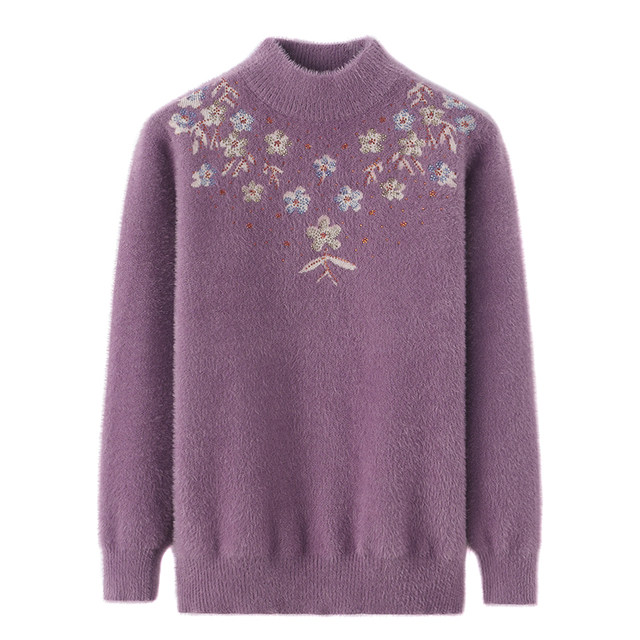 Middle-aged women's half-high neck flowers imitation mink sweater middle-aged and elderly mothers' thickened plush sweater grandma's clothes
