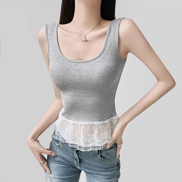 Gray I-font sleeveless vest for women 2025 summer new lace design short slim body ins