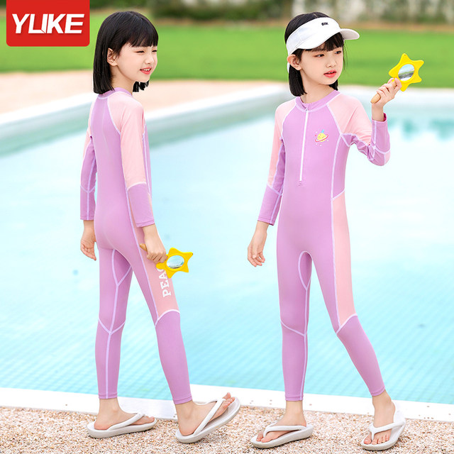 Children's swimsuits girls one-piece long-sleeved sun protection quick-drying swimsuit 2025 new mid-to-large children's training swimsuits