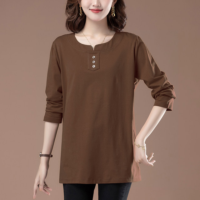 Pure cotton T-shirt women's long-sleeved fashionable middle-aged mother's wear loose outer bottoming shirt fashion plus size plus size top
