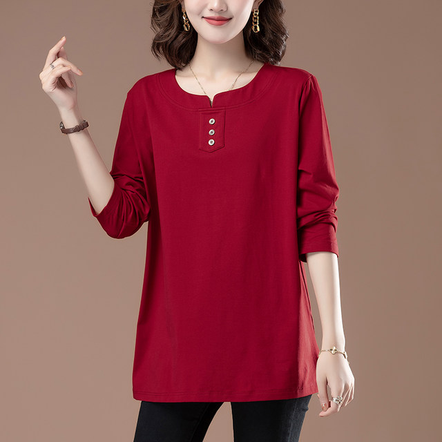 Pure cotton T-shirt women's long-sleeved fashionable middle-aged mother's wear loose outer bottoming shirt fashion plus size plus size top