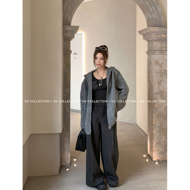 GV Big White Brother Heavy Slack Temperature Wool Long Hair Hooded Shoulder Jacket Loose Casual Plush Top for Women
