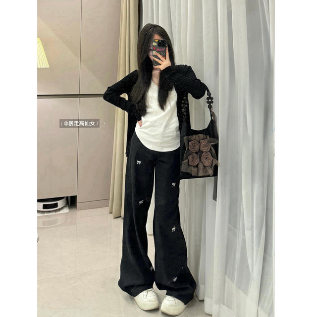 Tall 175 American hot girl butterfly embroidery spring extended floor mopping 180 casual wide-leg work pants for women