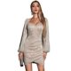 European and American Middle East Cross -border Sequenant Ladies Lantern sleeve long -sleeved champagne wine party short skirt skirt dress
