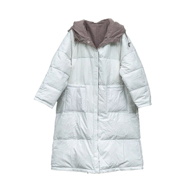 All-match cotton and casual minimalist style 95 white goose-velvet hooded down jacket White long large-size drawstring jacket