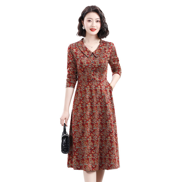 Mom's spring clothes new doll collar dress fashionable large size middle-aged and elderly women's long-sleeved over-knee skirt with pocket