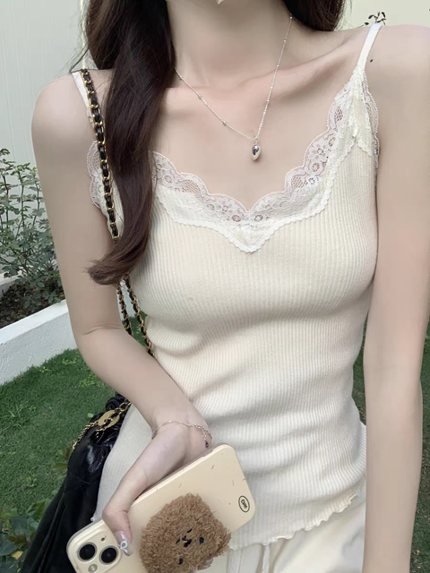 Large size fat girl French lace knitted suspender vest for women in summer new slim fit slim inner sleeveless top