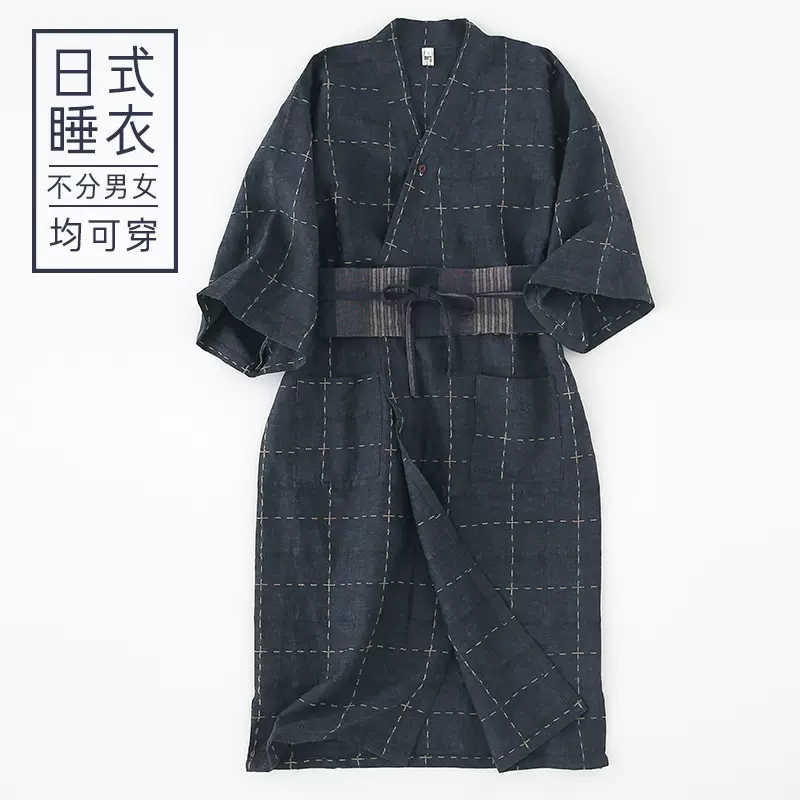 睡衣日式和风绗缝睡袍格子睡裙男女浴衣宽松家居服长裤情侣两件套-Taobao