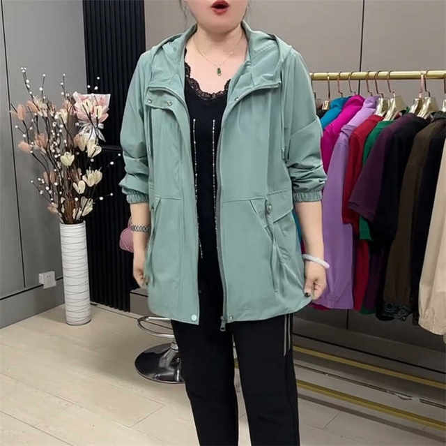 2025 spring new model plus fat plus size fat sister hooded thin solid color jacket middle-aged and elderly fashionable mother suit