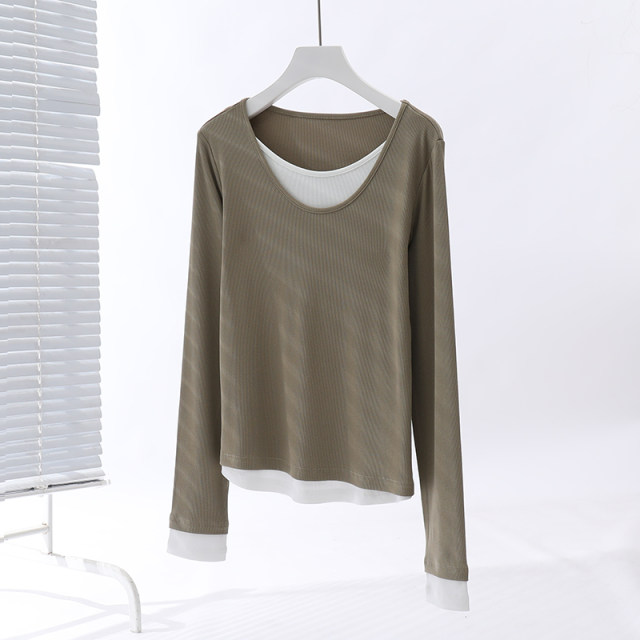 Single original large size women's black V -neck long sleeve t -shirt women's autumn loose and thin inside with two bottom shirts