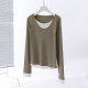 Single original large size women's black V -neck long sleeve t -shirt women's autumn loose and thin inside with two bottom shirts