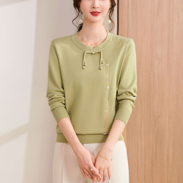 Mom's new autumn clothes, Chinese-style button knitted tops, middle-aged women's style sweaters, middle-aged and elderly autumn and winter bottoming shirts