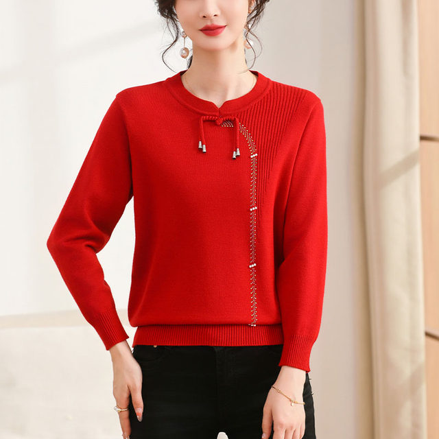 Mom's new autumn clothes, Chinese-style button knitted tops, middle-aged women's style sweaters, middle-aged and elderly autumn and winter bottoming shirts