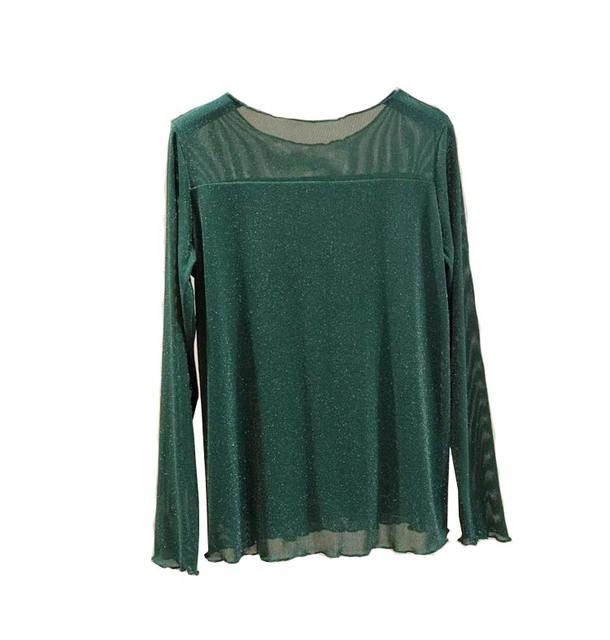 Large size black slim silk T-shirt for women in spring and autumn fashionable inner top round neck long sleeve mesh base shirt thin