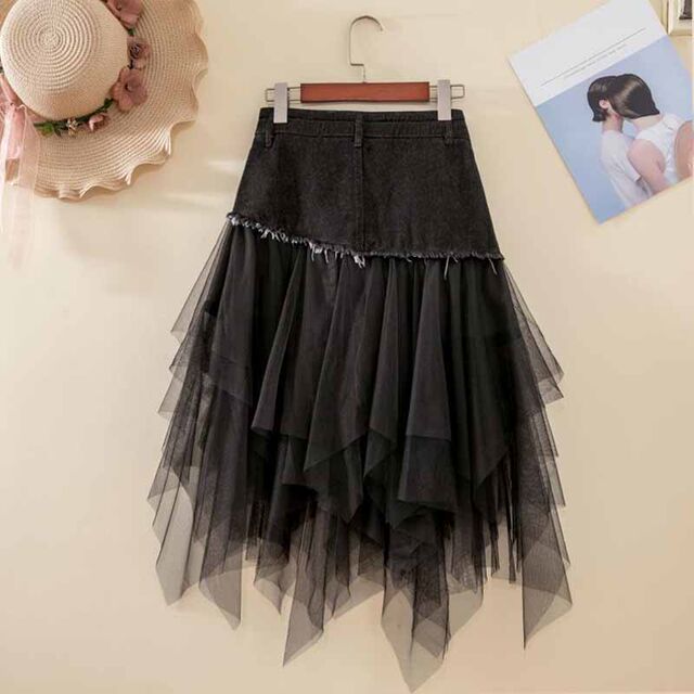 European Station 2025 summer new fashion mesh splicing high waist washing to make you look slim and versatile denim skirt skirt for women