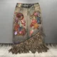 European station new European products hot spring pattern print irregular denim skirt women's tassel hip-pack skirt