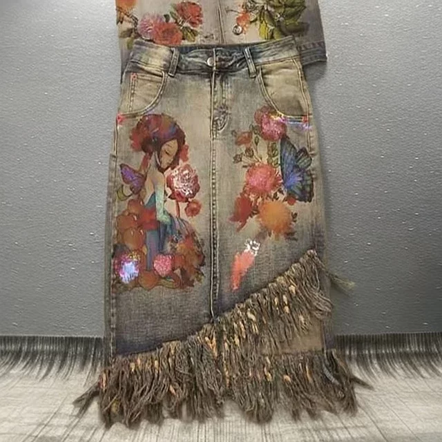 European station new European products hot spring pattern print irregular denim skirt women's tassel hip-pack skirt