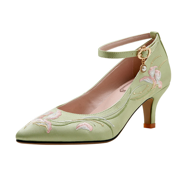 New spring pointed toe mid-heel cheongsam shoes thin heel green retro style embroidered shoes women's national style women's shoes literary style